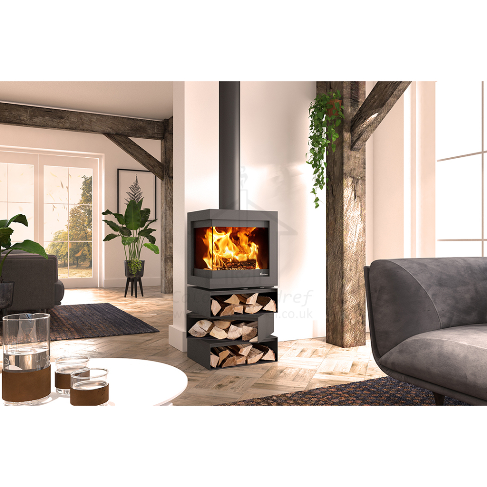 Dik Geurts Bora Corner Cubes 2-Sided Wood Stove with Log Compartments