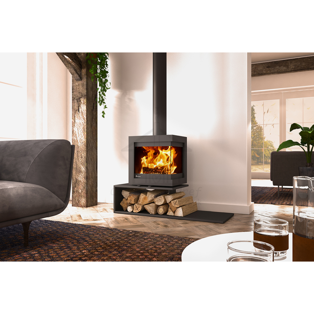 Dik Geurts Bora Corner 2-Sided Wood Stove on Floating Plateau