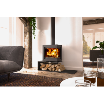 Dik Geurts Bora Corner 2-Sided Wood Stove on Floating Plateau