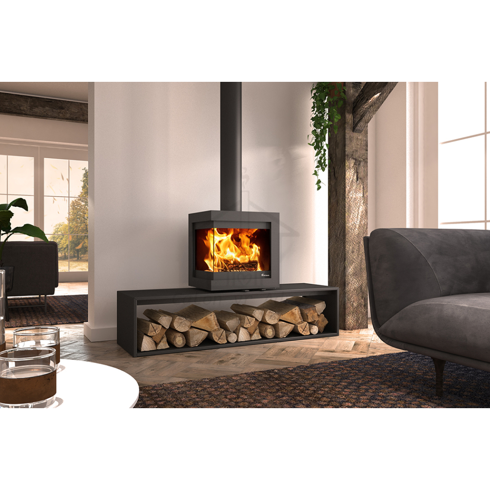 Dik Geurts Bora Corner 2-Sided Wood Stove on Straight Plateau