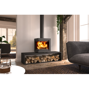 Dik Geurts Bora Corner 2-Sided Wood Stove on Straight Plateau