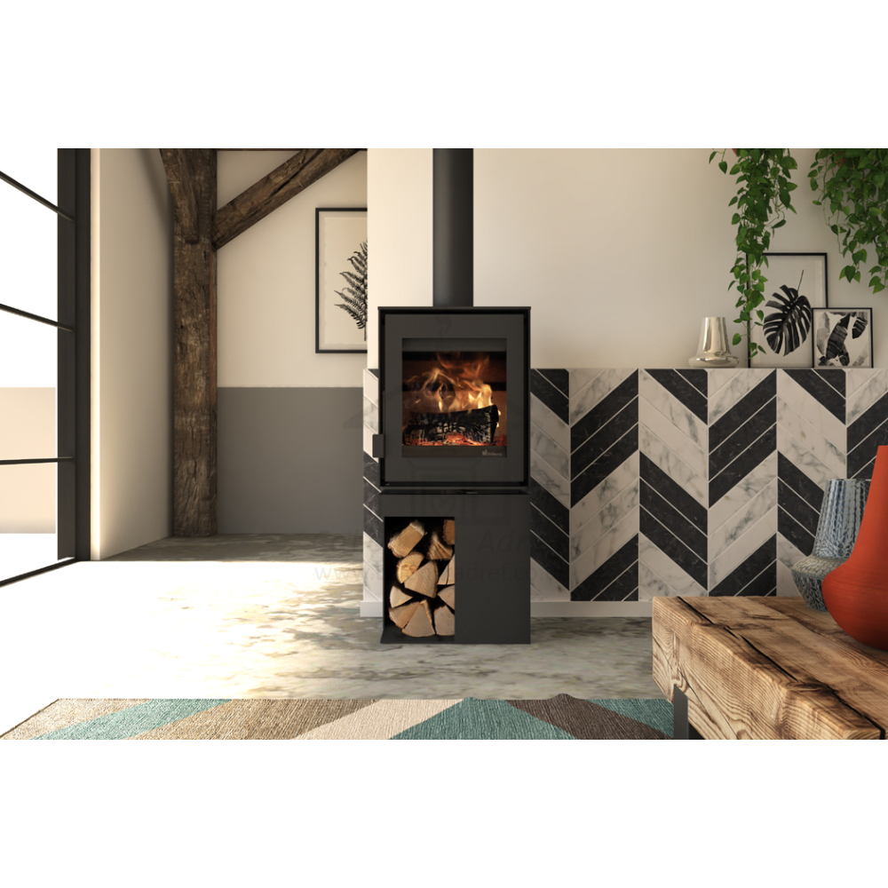 Dik Geurts Modivar 5 Freestanding Wood Stove with Open-Corner Log Store