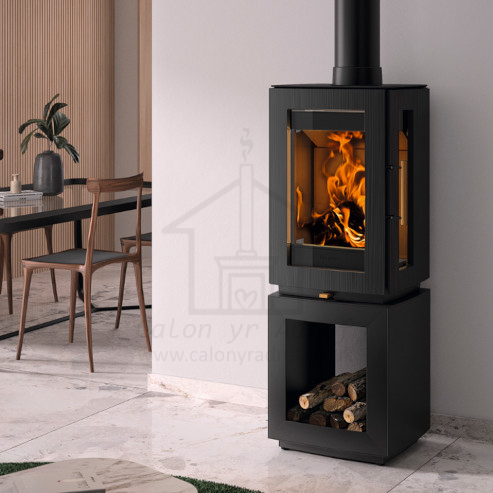 Hergom Glow 3-Sided Wood Burning Stove on Log Store Box