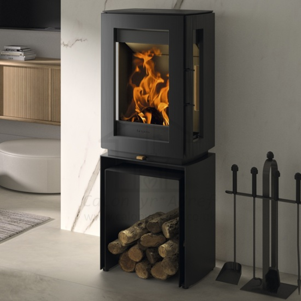 Hergom Glow 3-Sided Wood Burning Stove on High-Leg Log Store