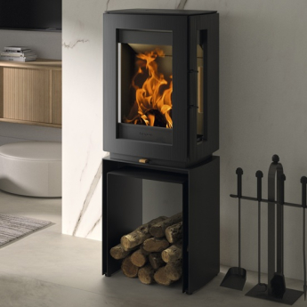 Hergom Glow 3-Sided Wood Burning Stove on High-Leg Log Store