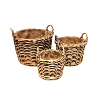Set of 3 Handmade Hessian-Lined Rattan Log & Kindling Baskets
