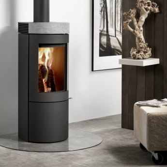 Westfire Uniq 26 Soapstone Cylindrical Ecodesign Wood Stove on Closed Log Store