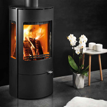 Westfire Uniq 37 3-Sided Cylindrical Wood Stove on Closed Log Store