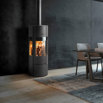 Westfire Uniq 37 Tall 3-Sided Cylindrical Wood Stove on Closed Log Store