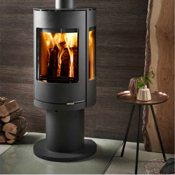Westfire Uniq 37 3-Sided Cylindrical Wood Stove on Pedestal